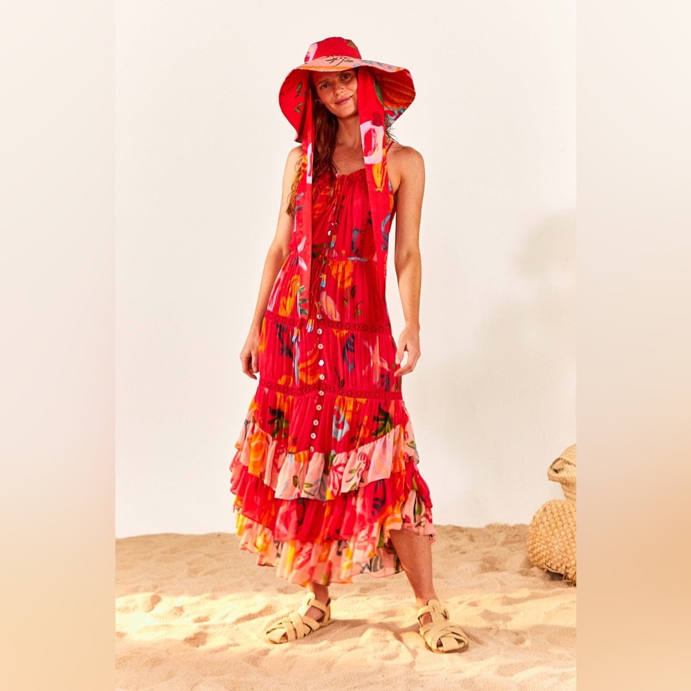 Farm Rio Mixed Fruits Ocean Tiered Midi-Dress